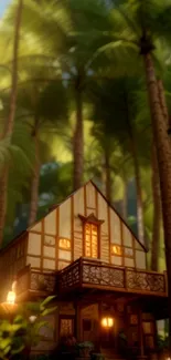 Tropical treehouse surrounded by palm trees in a serene setting.