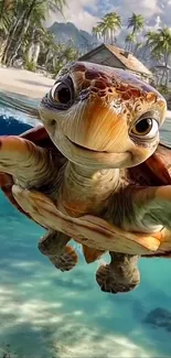Smiling animated turtle under tropical waters with beach and palm trees.