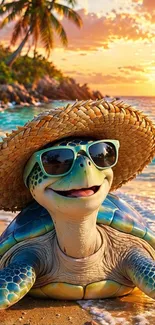 Turtle on a beach wearing sunglasses and straw hat at sunset.