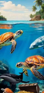 Colorful ocean scene with turtles, dolphins, and coral reefs.