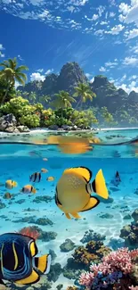 A stunning tropical island with colorful fish swimming underwater.