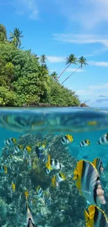 Colorful tropical fish swim near a lush island in a vibrant ocean setting.