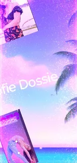 Tropical themed mobile wallpaper with purple hues and palm trees.