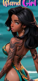 Animated island girl with tattoos in a teal ocean setting.