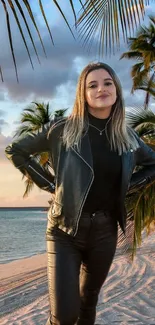 Woman smiling on a tropical beach with palm trees at sunset.