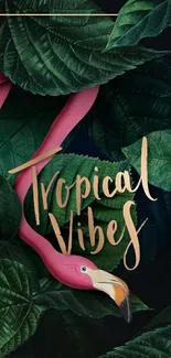 Lush green tropical leaves and flamingo with 'Tropical Vibes' text.