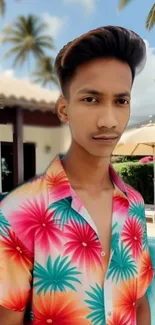 Man in vibrant floral shirt by poolside.