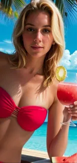 A woman in a swimsuit enjoying a tropical drink by the beach under blue skies.