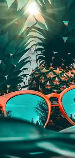 Tropical pineapples with orange sunglasses on teal background.