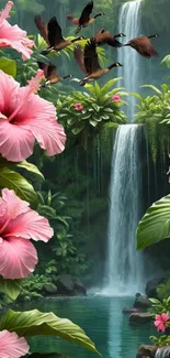 Tropical waterfall surrounded by pink flowers and lush greenery.