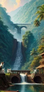 Tropical paradise with cats and waterfall in lush greenery.