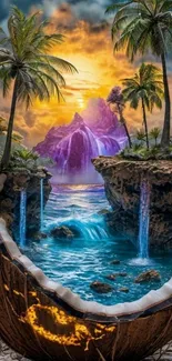 Fantasy tropical wallpaper with waterfalls and palm trees.