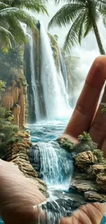 Tropical waterfall blending into a hand, creating a surreal artistic image.