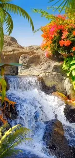 Tropical waterfall with lush greenery and vibrant flowers.