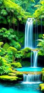 Lush tropical waterfall with vibrant greenery and cascading water.