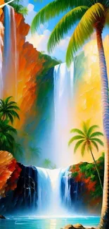 Colorful tropical waterfall with palm trees.