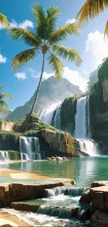 Serene tropical wallpaper with waterfall and palms.