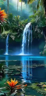 Beautiful tropical waterfall amidst lush jungle scenery.