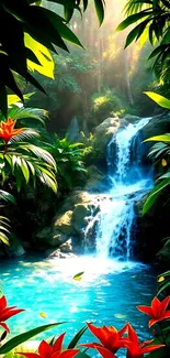 Tropical waterfall with lush greenery and vibrant flowers in a serene setting.