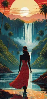 A woman in a red dress stands by a waterfall at sunset.