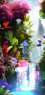 Tropical waterfall with lush, colorful plants and bright greenery.