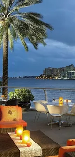 Tropical evening view with palm trees and waterfront cityscape.
