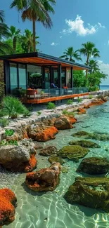 Tropical waterfront with rocks and house view.