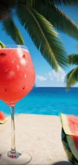 Tropical scene with watermelon drink by the ocean.