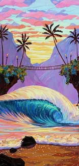 Tropical beach scene with waves and palm trees in vibrant colors.