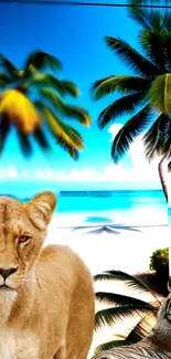 Lion and tiger on a tropical beach with palm trees under a vibrant blue sky.