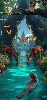 Tropical jungle scene with animals and butterflies in a vibrant landscape.