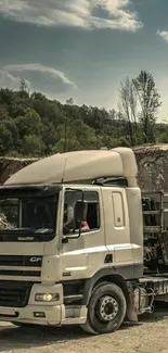 Truck driving through scenic landscape with trees and blue sky.