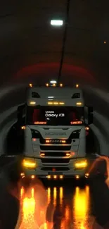 Illuminated truck driving through a tunnel.