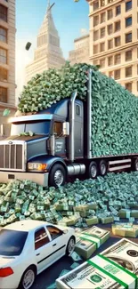 Truck overflowing with money in city street.