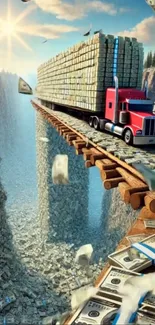 Truck crossing a bridge made of money in surreal landscape.