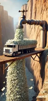 Truck pouring money into a canyon in a surreal artwork.