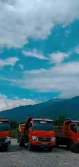 Red trucks with mountain and blue sky background.