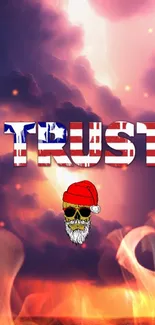 Trust mobile wallpaper with a fiery background and American flag theme.