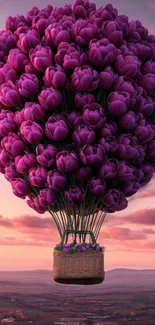 Tulip flower balloon floating under a vibrant sunset sky.