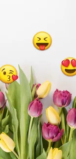 Vibrant tulips with playful emojis on a white background.