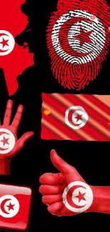 Tunisia themed elements with red flag symbols on black background.