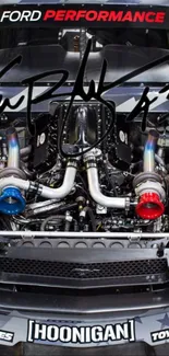 Turbocharged car engine with vibrant colors and detailed components.