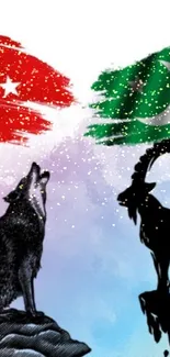 Flags of Turkey and Pakistan with wolf and markhor silhouettes on a colorful background.