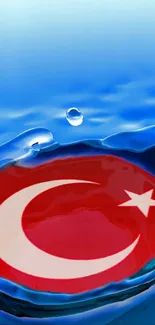 Turkish flag submerged in blue water splash on mobile wallpaper.