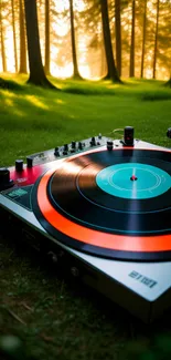 Vintage turntable in a sunlit forest clearing, surrounded by trees and grass.