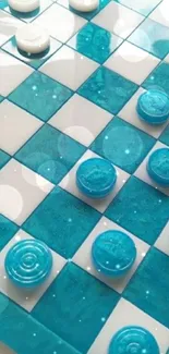 Checkerboard with blue and white tiles and game pieces.