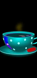 Turquoise cup with polka dots on black background and red cookie.