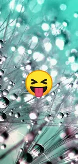 Turquoise background with dewdrops and a playful emoji.