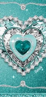 Turquoise gem heart with crystal accents on sparkly background.