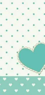 Turquoise heart and polka dot mobile wallpaper.